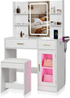 Modern Makeup Vanity Desk with LED Mirror, 2 Drawers & open 4 Shelves Hidden Storage with Stool